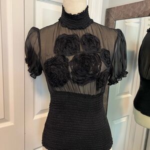 Bebe Black Fitted Embellished Short Sleeve Blouse